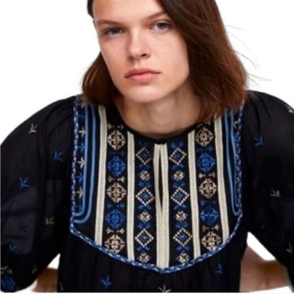 Zara Black Blue Contrast Embroidered Accents Long Sleeve Boho Peasant Blouse M - Picture 2 of 11